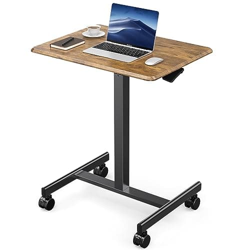 DUMOS Small Standing Desk Mobile Portable Rolling Laptop PC Table on Wheels Adjustable Height Computer Workstation for Home Office, 19 Inch, Modern Brown