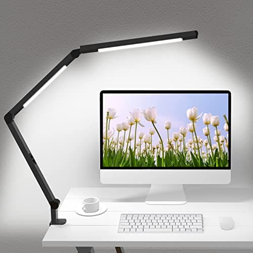 LED Desk Lamp with Clamp, Architect Desk Lamp with Dual Light and Adjustable Swing Arm, Clip-on Eye-Care 4 CCT Modes & 5 Brightness Levels Table Light Modern Computer Lighting for Home Office