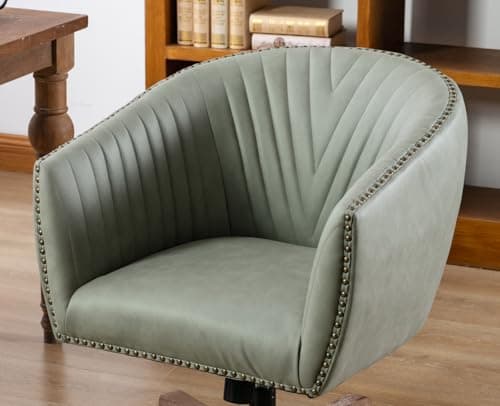 QUINJAY Green Faux Leather Home Office Desk Chair, Upholstered Barrel Swivel Adjustable Arm Desk Chair with Nailheads, Comfy Mid-Back Study Chair with Silent Wheel for Study Office Computer 8