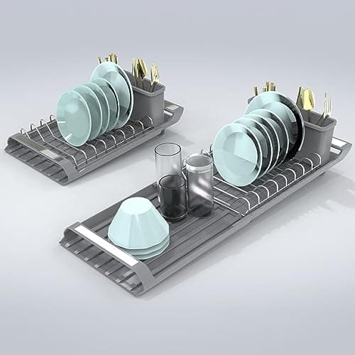 Extendable Dish Drying Rack,Space-Saving Multifunctional Compact Dish Racks for Kitchen Counter,in Sink Small Dish Drying Rack, Auto-Drain Stainless Steel Dish Strainers with Utensil Caddy (Gray)