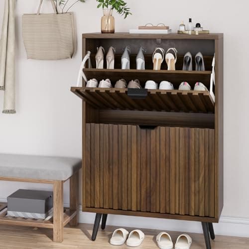 Smuxee Shoe Cabinet with 2 Flip Drawers, 23.6" Walnut Hidden Shoe Storage Cabinet with Fluted Design, Freestanding Shoe Organizer Cabinet for Entryway, Hallway, Closet, Living Room 8