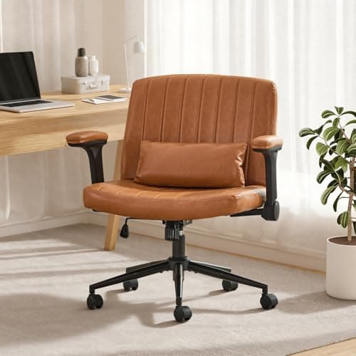 SAMERY Criss Cross Chair with Adjustable Flip-Up Arms, Wide Cross Legged Office with Wheels, Desk Vanity Chair Height Adjustable Swivel for Home Office Vanity Computer Task (Brown, with Armrests)