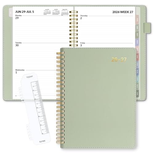 SUNEE 2026-2027 Weekly & Monthly Planner 6.4"x8.5" - 12 Month (July 2026 - June 2027), Vegan Leather Cover Planner Academic Year Calendar, Pocket, Notes, Monthly Tab, Green
