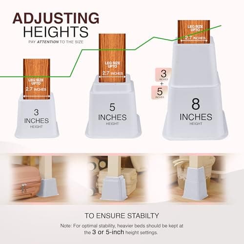 Utopia Bedding Bed Riser, 3 & 5 Inches Adjustable Furniture Risers for 8 Inch Combined Furniture Lift, Under Bed Storage & Dorm Room Essential, Supports Up to 1,300 lbs (4 Set, White) 8