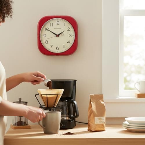 Westclox Retro Square Wall Clock, Vintage 1950s Mid-Century Design for Kitchen, Living Room, or Office – Quiet Quartz Analog Clock with Dome Glass Lens & Chrome Bezel (Red, 9.5") 5