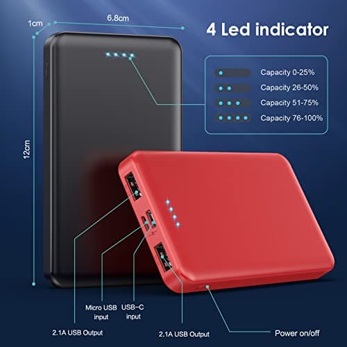 [2 Pack] Portable Charger Power Bank 10000mAh,Ultra Slim Compact External Battery Pack with USB C Input & Dual USB Outputs Backup Charger Compatible with iPhone 13,12, Samsung S20,Tablet-Black+Red 5