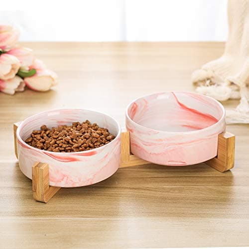 Marble Pink Ceramic Cat Dog Bowl Dish with Wood Stand No Spill Pet Food Water Feeder Cats Small Dogs Set of 2 5