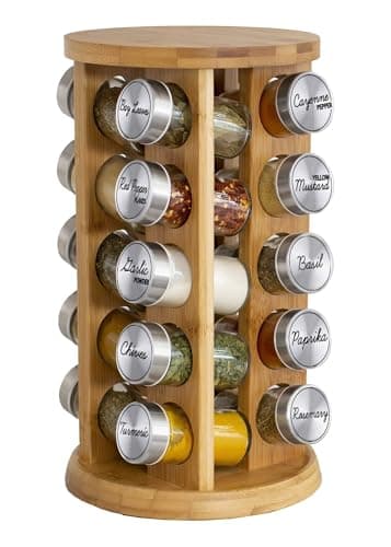 Orii 20 Jar Rotating Bamboo Spice Rack with Spices Included & 5-Year Free Spice Refill Program – Revolving Countertop Spice Rack with Glass Jars