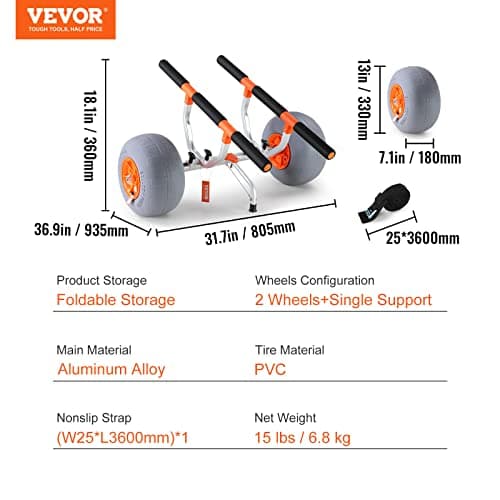 VEVOR Heavy Duty Kayak Cart, 350lbs Load Capacity, Detachable Canoe Trolley with 13'' Beach Wheels, Adjustable Carrier Width & Nonslip Support Foot, for Kayaks Canoes Paddleboards Float Mats Jon Boats 7