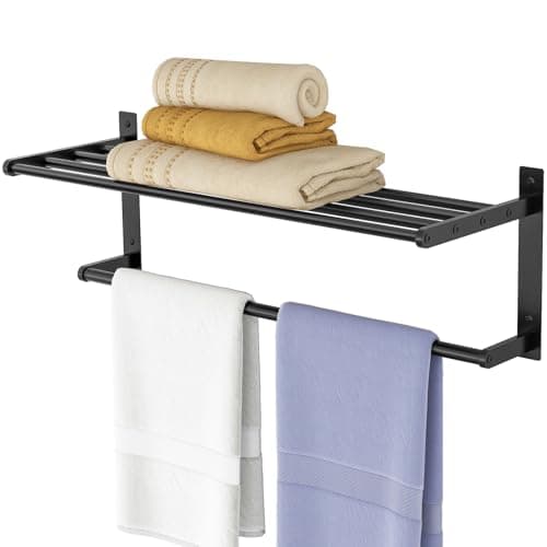 24 Inch Towel Racks for Bathroom, 2 Tire Bathroom Shelf with Towel Bar, Rustproof Wall Mounted Towel Rack SUS304 Stainless Steel, Bathroom Accessories Lavatory Towel Storage - Black 7