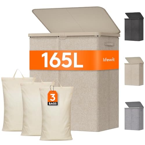 Lifewit 165L Large Laundry Basket with Lid, Laundry Hamper with Plastic Handles and Removable Bag, Foldable Tall Dirty Clothes Hampers for Laundry for Laundry Room, Bedroom, Bathroom, Dorm, Beige