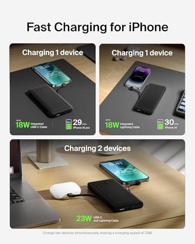 Belkin Portable Charger Power Bank for iPhone/Android - 10,000mAh, 23W Battery Pack for Phone with Integrated USB-C, Lightning Cables - Pass-Through Capability, Charge 2 Devices at Once 7