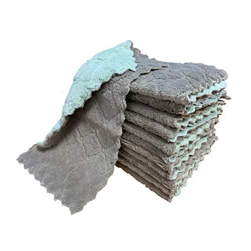 kimteny 12 Pack Kitchen Cloth Dish Towels, Premium Dishcloths, Super Absorbent Coral Velvet Dishtowels, Nonstick Oil Washable Fast Drying (Green-Grey) 8