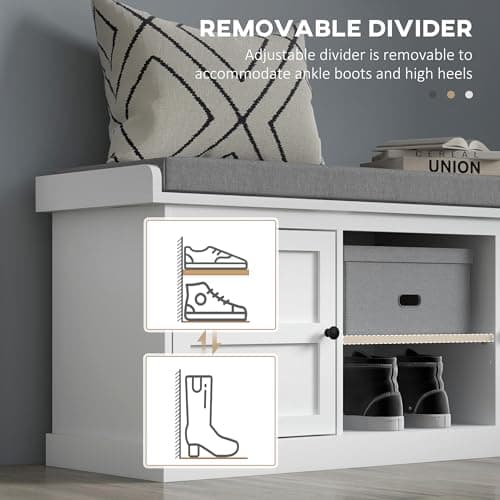 HOMCOM Shoe Bench with Cushion, Storage Bench for Entryway with Padded Seat, 2 Cabinets and Adjustable Shelf for Hallway, Living Room, Bedroom, White 7
