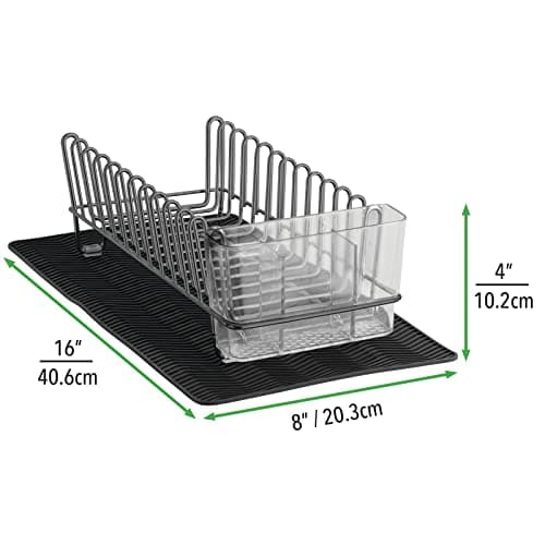 mDesign Steel Sink Dish Drying Rack/Dish Drainer Storage Organizer w/Wire Drainer, Drying Mat for Kitchen Counter, Easy Drain/Dry Dishes, Plate, Utensil, Concerto Collection, Set of 2 - Black/Dk Gray 8