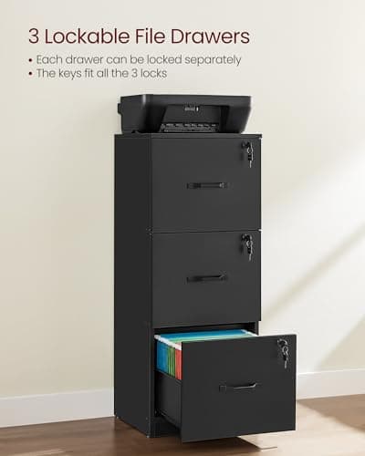 VASAGLE 3-Drawer Vertical File Cabinet, Filing Cabinet for Home Office, Printer Stand, with 3 Lockable Drawers, Adjustable Hanging Rail, for A4 and Letter-Size Files, Ink Black UOFC055B16 6