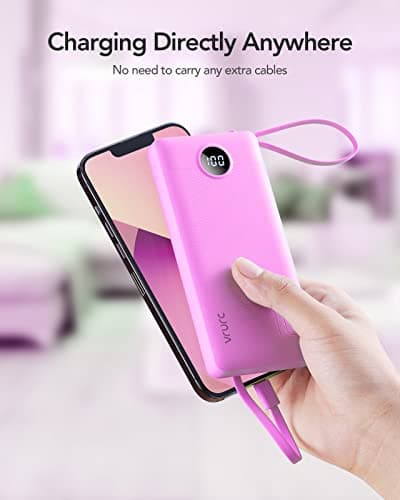 VRURC Portable Charger 10000mAh, Travel Essentials Battery Pack, 5 Output 2 Input Power Bank, Built-in Micro & USB C Cables Phone Charger for iPhone 17 Pro 17 16 15 14 13,Android-Purple(1 Pack) 7