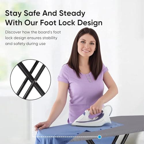 Jakeefud Deluxe Ironing Board with Heat Resistant Cover and Thicken Felt Pad, Heavy Sturdy Legs,Full Size Hanger Iron Board,Foldable (L-Grey) 7
