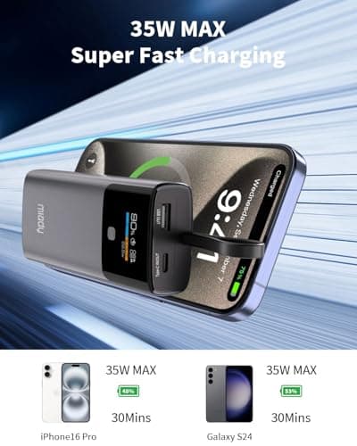 Miady Portable Charger, PD 35W Fast Charging Small Power Bank has Smart Digital Display Screen, 10000mAh Battery Pack Built-in USB-C Cable Compatible with iPhone 16/15 Galaxy S24/S22 Android and More 2