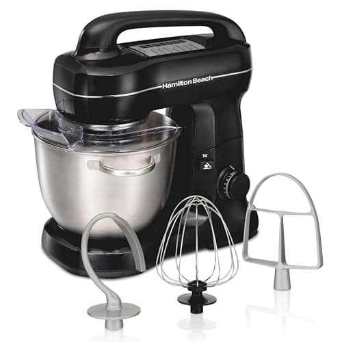 Hamilton Beach Electric Stand Mixer, 4 Quarts, Dough Hook, Flat Beater Attachments, Splash Guard 7 Speeds with Whisk, Easy-Carry Top Handle, Black