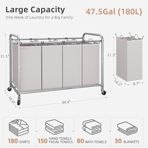 STORAGE MANIAC Laundry Sorter 4 Section, 47.5 Gal (180 L) Laundry Hamper with Wheels, Clothes Divider Basket Sorter, Clothes Separator Hamper Cart with Wheels and Removable Bags, Gray 5