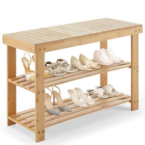 DUMOS Shoe Rack Bench with Storage, 3-Tier Bamboo Entryway Benches, Wooden Shoe Rack Holds Up to 286 lb Storage Organizer, Suitable for Bedroom Living Room Balcony, Classical Wood