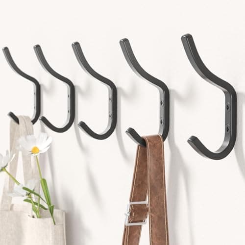 GWAAZXGZ Wall Hooks for Hanging Coat - 5 Pack Black Arc Double Hooks, Sturdy Metal Matte Finish, Organize Coats, Hats, Bags in Entryway, Closet, Bedroom
