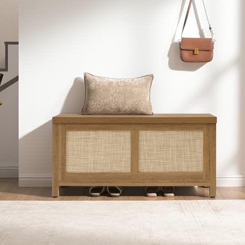SICOTAS Rattan Storage Chest - 39.4" Storage Bench for Bedroom, Boho Storage Truck with 2 Safety Hinges and Flip Top for Living Room Entryway, Supports 220 lb, Oak 6