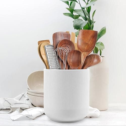 RedCall Kitchen Utensils Holder Large,Ceramic Utensil Organizer for Countertop,Morden Utensil Crock for Spoon Spatula,Home Kitchen Decor (White) 7