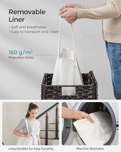 SONGMICS Laundry Hamper with Lid, 23.8 Gallon (90 L) Synthetic Rattan Clothes Laundry Basket with Lid and Handles, Foldable, Removable Liner, Black ULCB51BK 6