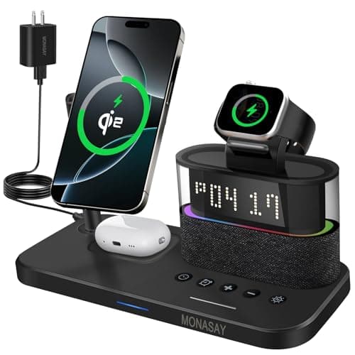 MONASAY Qi2 5 in 1 Wireless Charging Station, 23W Wireless Charger with Alarm Clock for Multiple Devices, Magnetic Charger Stand for iPhone 17/16/15/14/13 Series and AirPods, Apple Watch Series, Black