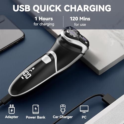 MAX-T Men's Electric Shaver - Corded and Cordless Rechargeable 3D Rotary Shaver Razor for Men with Pop-up Sideburn Trimmer Wet and Dry Painless 100-240V Black (Metal Black) 5