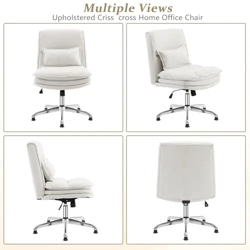 VINGLI Cloud Criss Cross Leggedchair, 18" High Back Armless HomeOffice Deskchair, Wide Adjustable Comfy PaddedSeat Task Computerchair, Modern Swivel Makeup Vanity Chair, Fabric, Beige 8