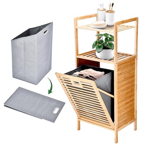 Prosumer’s Choice Bamboo Tilt-Out Laundry Hamper with 2-Tier Storage Shelves – Freestanding Clothes Hamper with Removable Liner, Space-Saving Design for Bathroom or Bedroom – 15.5”L x 11.8”W x 37.4”H