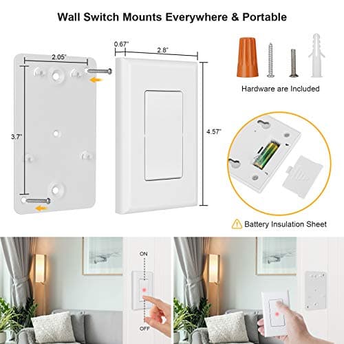 Suraielec 3 Way Wireless Light Switch, No Wiring, No WiFi, 100ft RF Range, Pre-Programmed, Expandable Wireless Wall Switch and Receiver Kit, Remote Control Light Fixture for Lamp, Ceiling Light, Fan 6