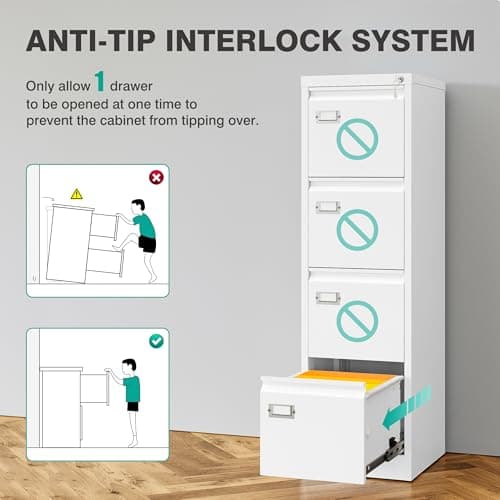 SISESOL 4 Drawer File Cabinet with Lock and Tag,White Vertical File Cabinet,Narrow Locking Filing Cabinets with Drawers,Metal Filing Storage for Home Office Fit A4 Legal/Letter Size,-Assembly Required 7