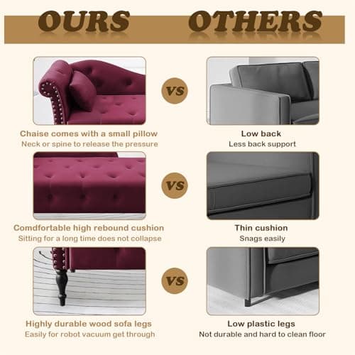 HomJoones Tufted Upholstered Velvet Rolled Arm Chaise Lounges Indoor Chair, Right Arm Facing Chaise Lounge with Nailhead Trim and 1 Pillow,for Living Room Bedroom Office (Burgundy) 8