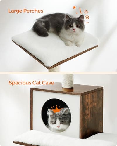 Feandrea Cat Tree, 56.3-Inch Modern Cat Tower, Multi-Level Plush Condo with Scratching Posts, Hammock, Washable Cushion, Rustic Brown UPCT164X01 6