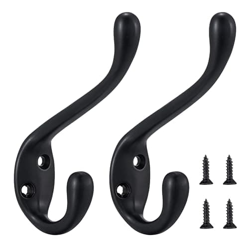 Jukzi Coat Hooks 5 Pack - Heavy Duty Wall Mounted Two Prongs Double Hooks Matte Black Door Hooks for Hanging Clothes/Towels - Sturdiness Design with Better Mounting System