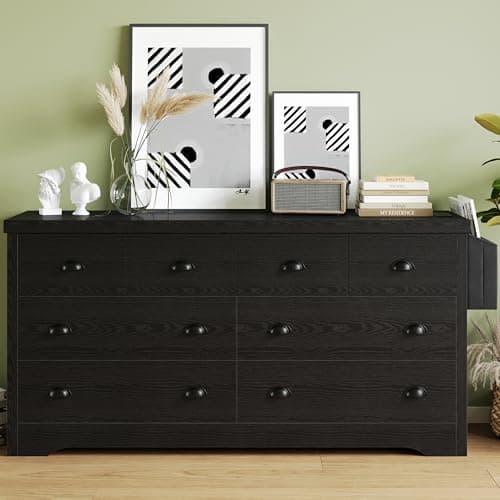LIKIMIO Dresser 8 Drawer with Charging Station and Storage Bag, Wood Storage Chest of Drawers for Bedroom Living Room Hallway Entryway, Black