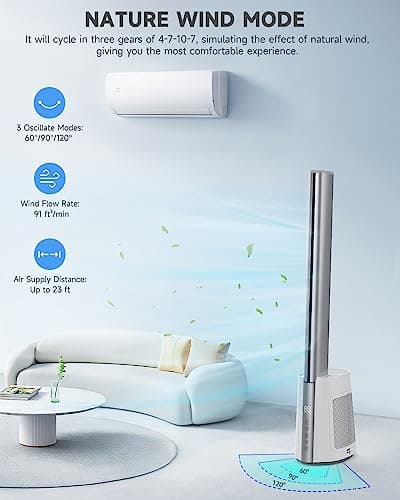 Gimify 40'' Bladeless Tower Fan for Home with Remote Control, Quiet 120° Oscillating Fan with 3 Modes 12 Wind Speeds,12H Timer, Standing Fan with HEPA Filter 99.97% Smoke Dust for Bedroom Office 5