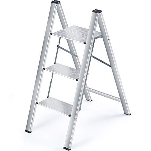KINGRACK Aluminium 3 Step Ladder, Lightweight Folding Step Ladder, Portable Slim Step Stool, 330lbs Safety Stepladder with Multi-Function, Silver