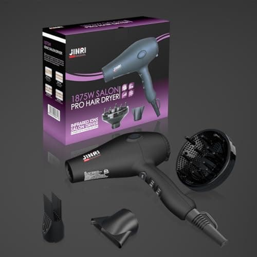 JINRI Hair Dryer, 1875W, 3 Heat & 2 Speed, with Diffuser, with Concentrator, Detachable Air Intake, Ionic Technology & Infrared - Black, Hanging Strap, Non-Foldable JR-108 5