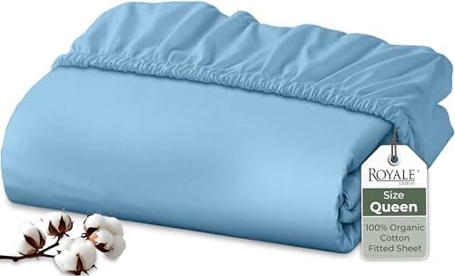 Royale Linens 100% Organic Cotton Fitted Sheet - Percale Weave - Super Soft Deep Pocket Bottom Sheets - Lake Blue Elastic Sheet Queen Size - Queen Fitted Sheets Only - (60"x80"+15", Lake Blue)
