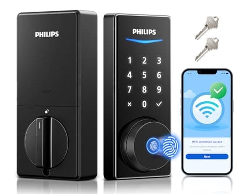 Philips Built-in WiFi Smart Lock, Keyless Entry Door Lock with App, Touchscreen, Indicator Light, Fingerprint Door Lock — Compatible with Alexa & Google, Splash-Proof Design, Includes 8 Batteries