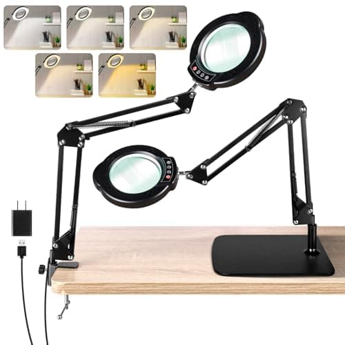 Jaenmsa 10X Magnifying Glass with Light and Stand, LED Desk Lamp with Base and Clamp, 5 Color Mode, 10 Dimmable Levels, Hands Free for Reading Crafts Jewelry Sewing Close Work