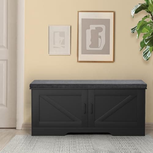 HOMSHO 2-Tier Storage Bench, 39.4" Wide Shoe Bench with Padded Seat Cushion, Entryway Bench with 2 Barn Doors and Adjustable Shelf, Black 8
