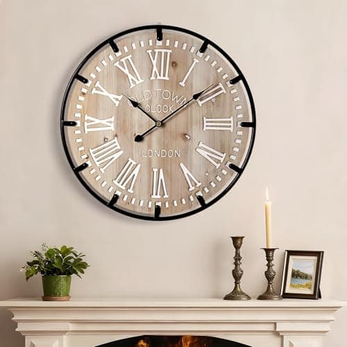 Vantic Farmhouse 24 Inch Extra Large Decorative Wall Clock with Metal Circle, Oversized Wood Wall Clock with Large Roman Numeral for Living Room, Bedrooms and Offices, Silent and Battery Operated