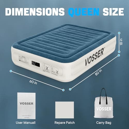 VOSSER Queen Air Mattress with Built-in Pump,18''Fast & Easy Inflation/Deflation Inflatable Mattress, Foldable Blow Up Mattress with Storage Bag, Inflatable Bed for Home, Camping & Guests 9