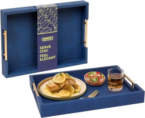 Decorative Serving Tray - Blue Faux Leather + Golden Stainless Steel Handles - Use with Ottoman, Coffee Table, Cosmetics, Jewelry, Skincare, Décor Organization & More - 12 x17 inch Comfify